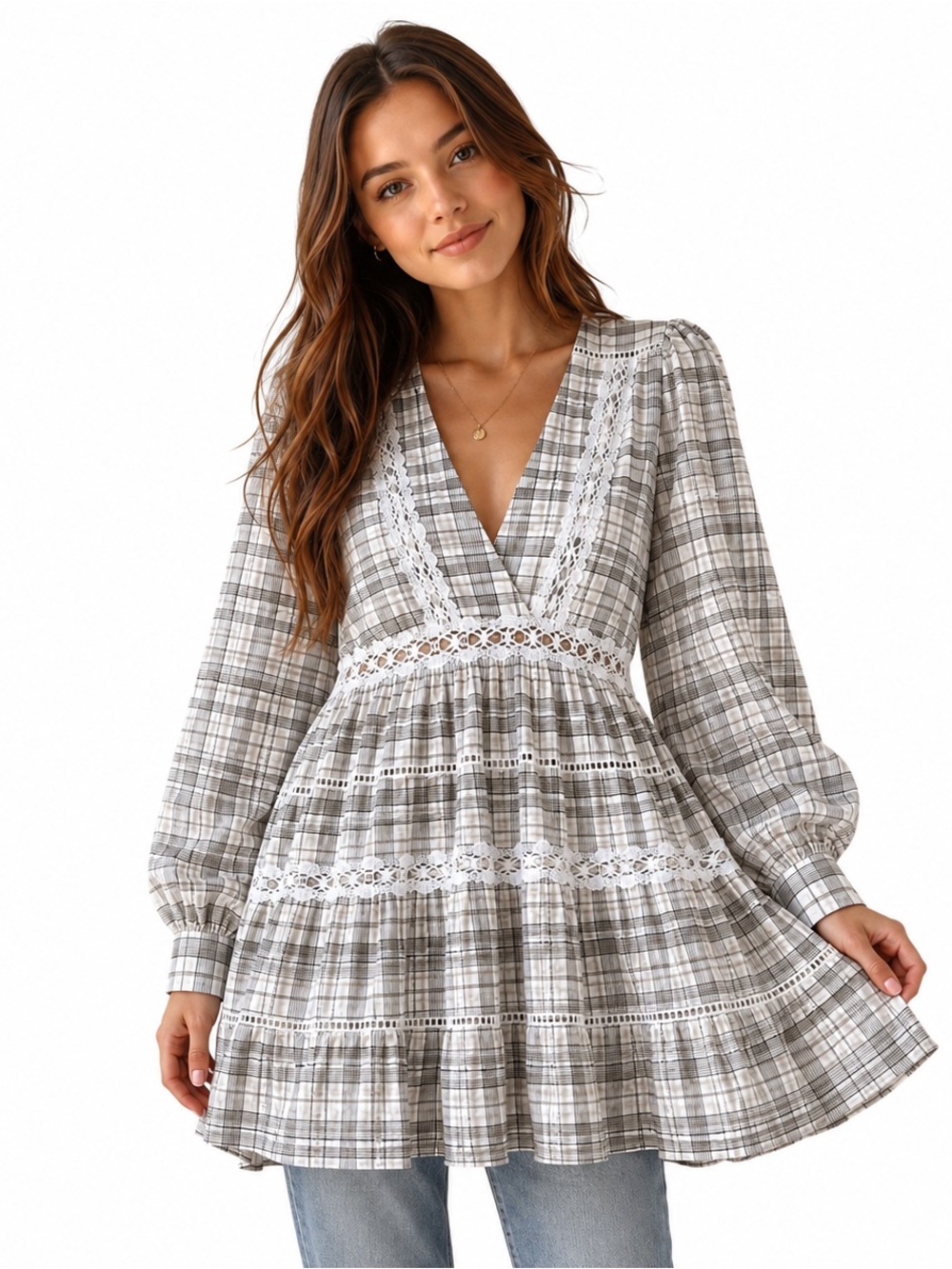 Free People Gray Plaid Lace-Trim V-Neck Tunic